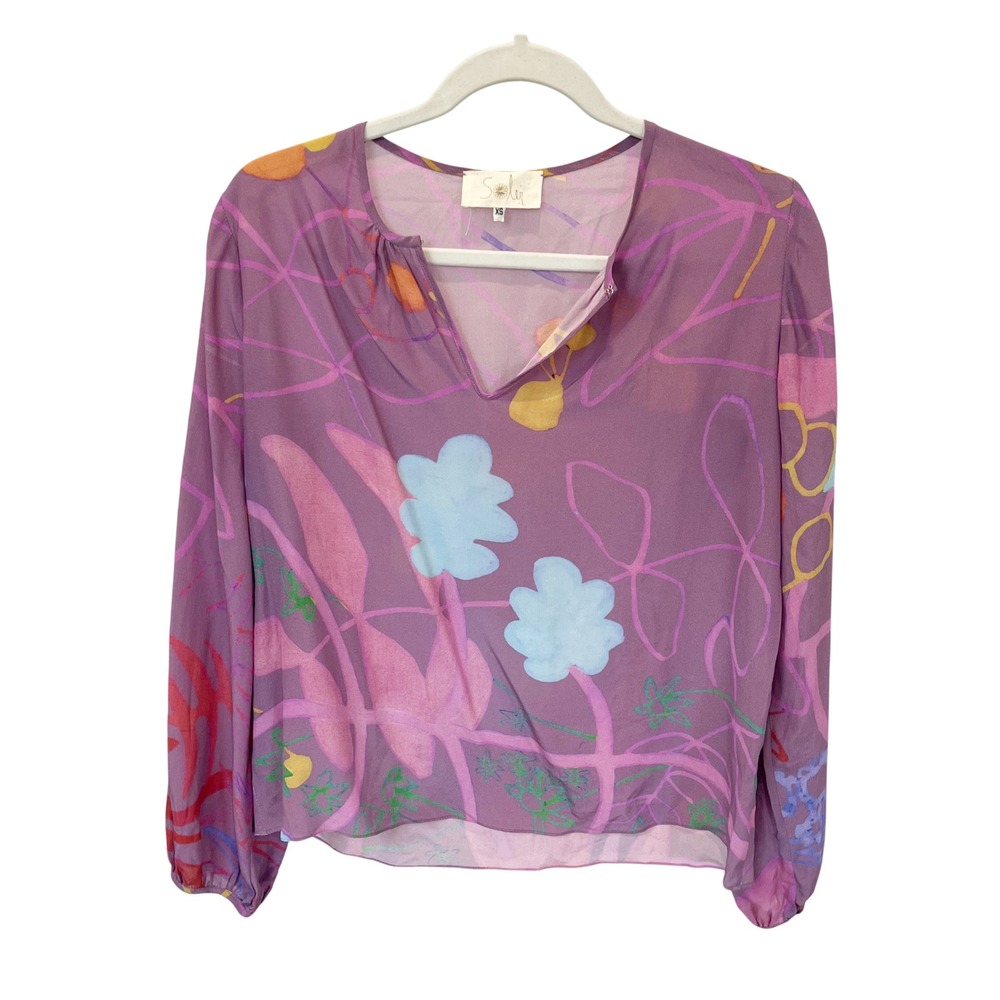 Soler London 100% Silk Abstract Floral Blouse Purple V-Neck XS Made in UK